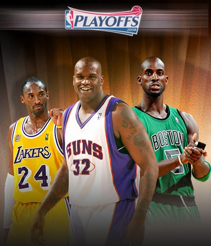 Play-offs. From your left is Kobe, Shaq at the middle and Garnett at your right.