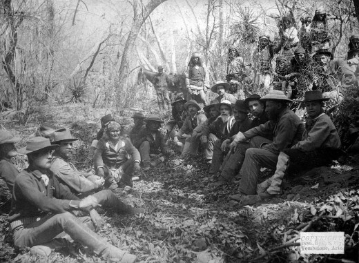 "Geronimo poses with members of his tribe and General George Crook's staff during peace negotiations on March 27, 1886."