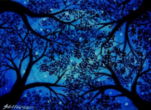 My painting 'Staring Upwards' inspired by the view through the trees in the New Forest at night.