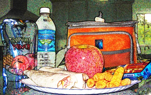 This lunch consists of ham and cheese roll-ups, an apple, carrots, a granola bar, water and juice