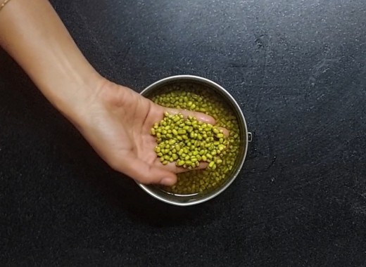 In a vessel, soak 3/4 cup green gram overnight or for 4-5 hours.