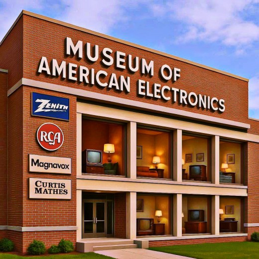 The outside building design of an extraordinary museum of American-made electronics showcasing the brilliance of Zenith, RCA, Magnavox, Curtis Mathes, and so many others. Displayed the technology and recreated the living spaces of each era,