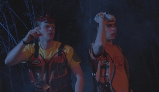 Ready to do battle with the demons, Josh (Will Stout) and Sam (Mitchell Musolino) get into their lawn care outfits to mow them down