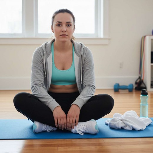 A woman sitting on a yoga mat