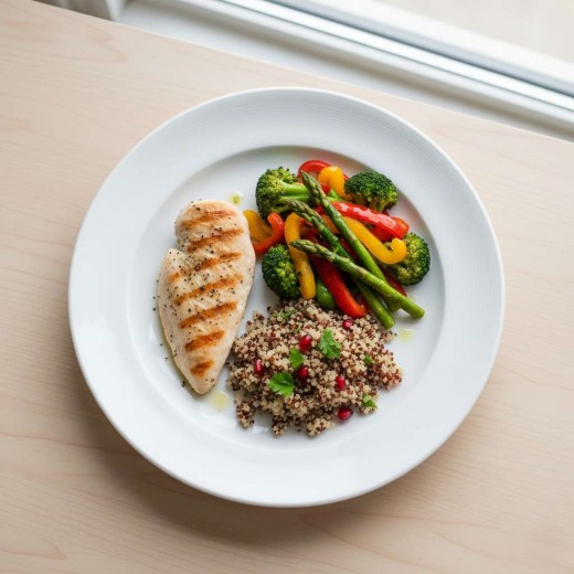 meal with lean protein, vegetables, and whole grains on a plate