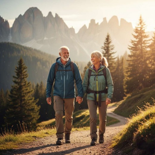 An active older couple hiking in the mountains