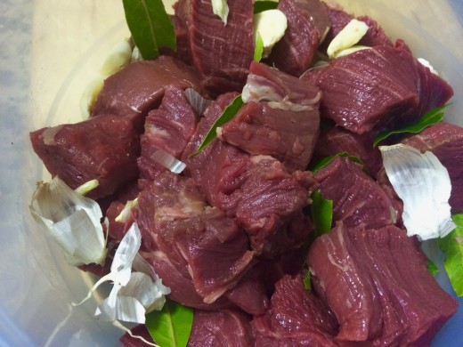 Beef with added garlic and bay leaf