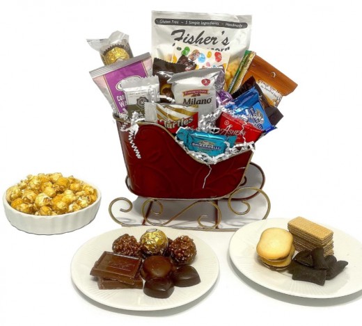 Joyful Sleigh bursting with gourmet chocolates, cookies, and crunches! Perfect for businesses, clients, employees, Christmas, New Year, thank you and more!