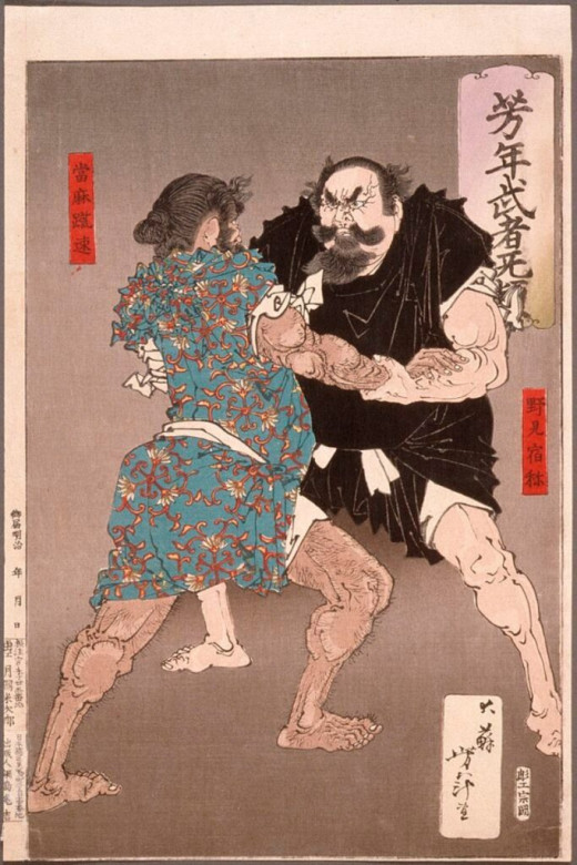 A 19th-century depiction of a bout in which, according to legend, Nomi no Sukune, a potter, defeated his opponent by breaking his ribs and back with powerful kicks.