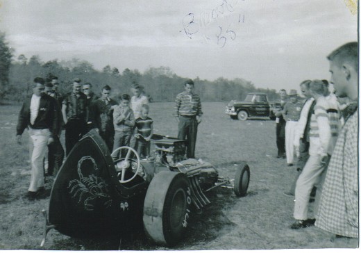 Back view of Bobby Langley's "The Scorpion" drag car, circa 1958. This would have to be #2 or #3, since this car does not have the original needle nose design that he raced only in the 1956 NHRA Finals and then changed designs.
