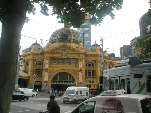 Melbourne's Flinders Street Train Station is busy, but Australian people like to rely on their own cars for transport or on taxis at night. Public transport is not something Australians are proud of, or rely on much.