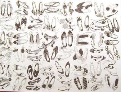 The endpapers of The Red Shoes illustrated by Sun Yung Yoo are filled with imaginative pairs of shoes.