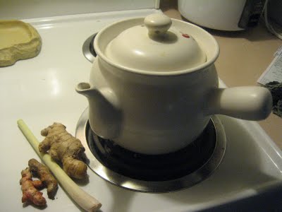 Chinese herb pot with fresh ginger, lemongrass and turmeric.