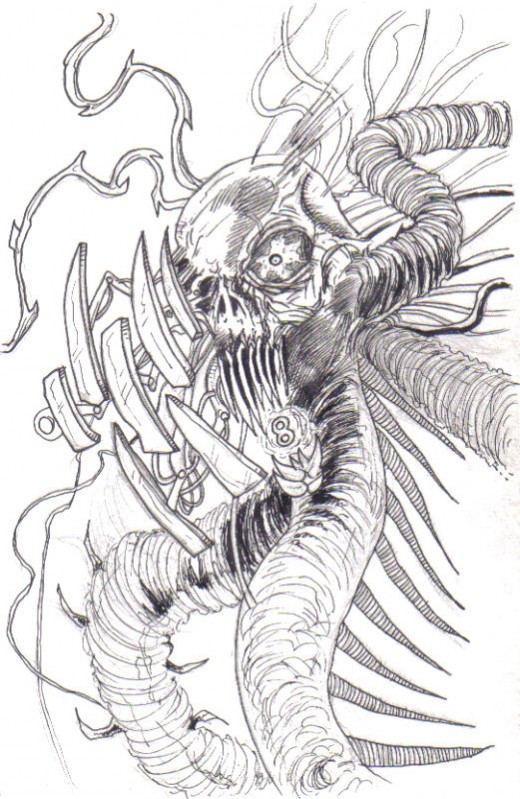 A mask concept of a demon cyborg thing, just imagine having to try and create this from my design as a mask.  Drawing copyright Wayne Tully 2009.