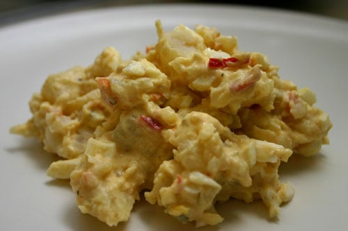 homemade mustard potato salad using russet potatoes and hardboiled eggs
