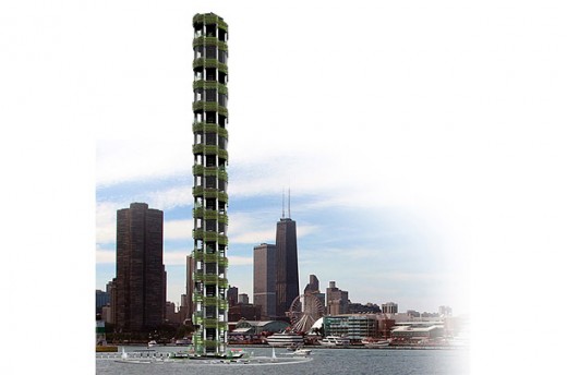 4. Tower of Food  Vertical farms like this one envisioned on the Chicago waterfront would grow food closer to where it is consumed, thus eliminating much of the fuel and transportation costs. 