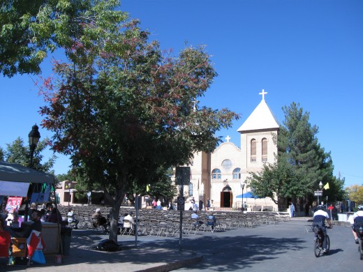 Looking across plaza in center of La Mesilla, NM toward Basilica of San Albino