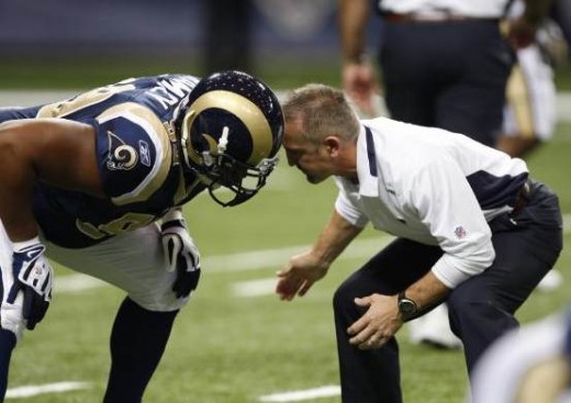 St. Louis Rams head coach Steve Spagnuolo, right, talks to defensive end LaJuan Ramsey, left, during warmups before the start of an NFL football game between the Indianapolis Colts and St. Louis Rams Sunday, Oct. 25, 2009, in St. Louis. (AP Photo/Tom