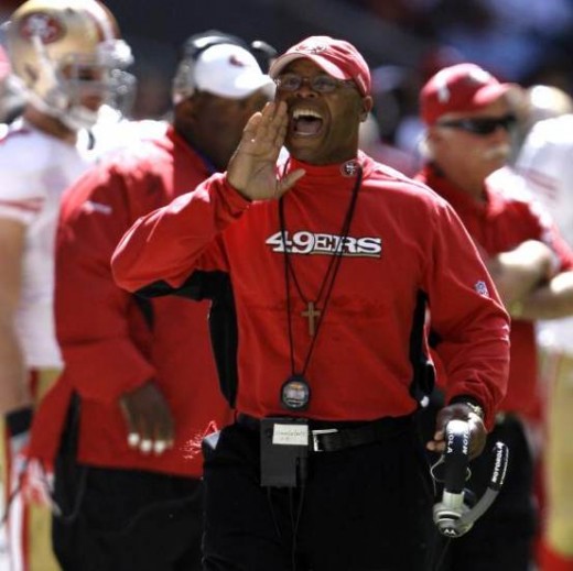 San Francisco 49ers coach Mike Singletary yells towards an official during the second quarter of a NFL football game against the Houston Texans Sunday, Oct. 25, 2009 in Houston. (AP Photo/David J. Phillip)