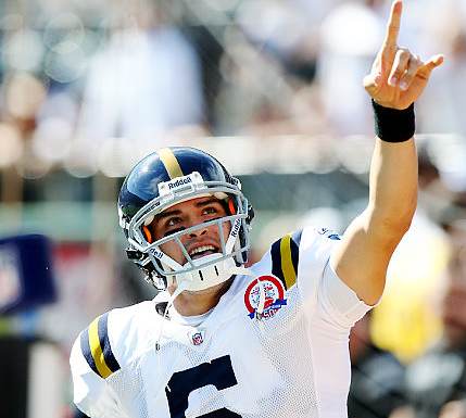 Jets QB Mark Sanchez celebrates his TD run in first quarter of Sunday's win. photo - Jacobsohn/Getty