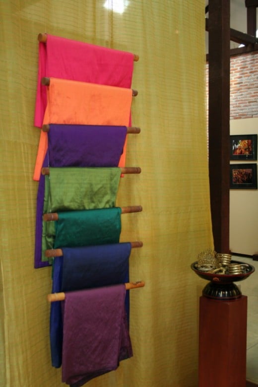 Silk scarves ready for sale.  From a weaving centre in Cambodia