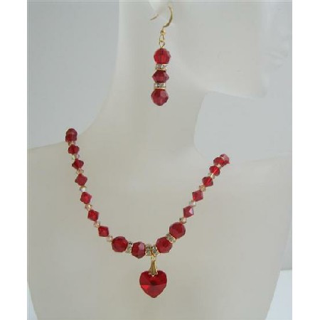 Siam Red Swarovski Crystals Heart Necklace Set Golden Shaodow Crystals