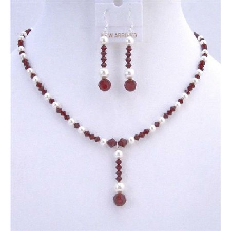 Custom Bridal Jewelry Dark Siam Red Swarovski Crystals & White Pearls