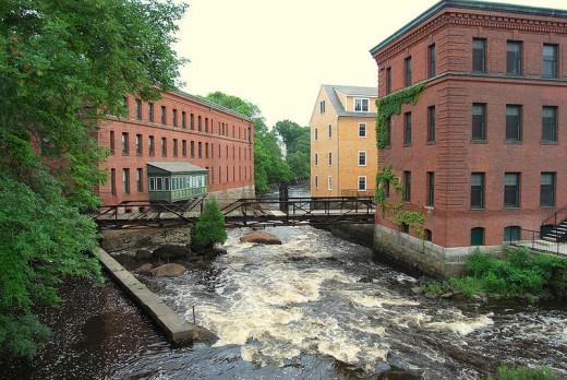 Lower Mills Village covers both sides of the Neponset River,  between Milton to the right and Boston (Dorchester) to the left. These structures are all part of the old Walter Baker Chocolate Factory.  