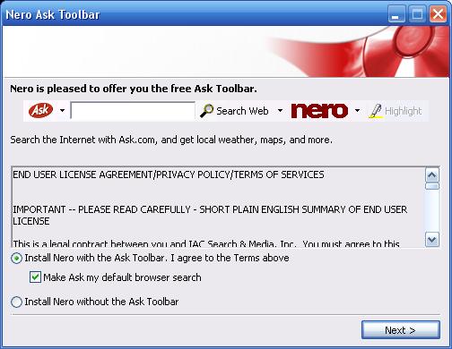 Annoying ask toolbar is installed at the time of installing Nero software