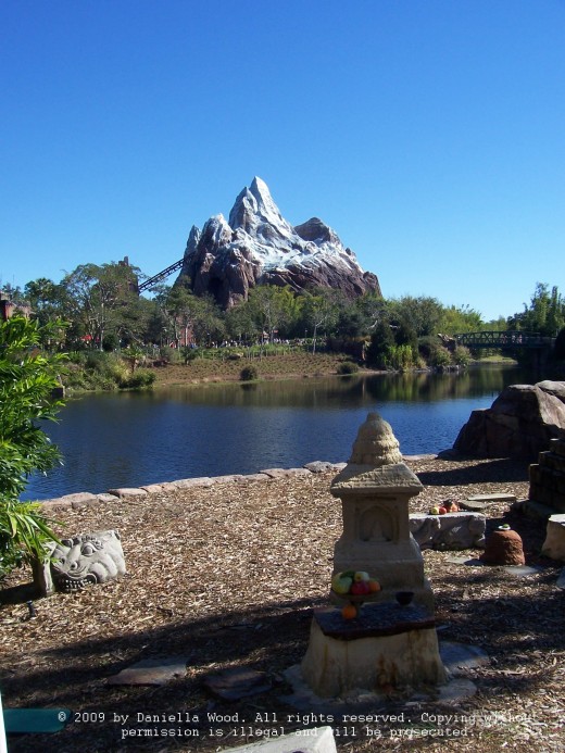 A view across the lake to Expedition Everest in the Animal Kingdom