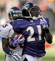 Baltimore Ravens cornerback Lardarius Webb (21) reacts as he carries the ball into the end zone for a touchdown in the third quarter of the NFL football game against the Denver Broncos, Sunday, Nov. 1, 2009, in Baltimore. (AP Photo/Nick Wass)