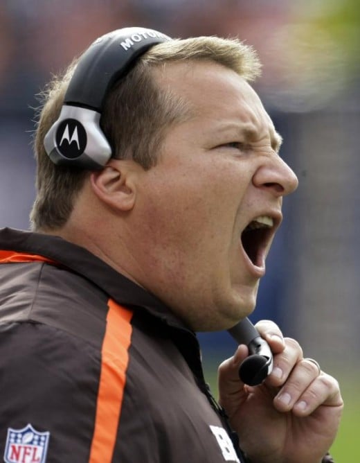 Cleveland Browns head coach Eric Mangini shouts to his team in the first quarter against the Chicago Bears in an NFL football game in Chicago, Sunday, Nov. 1, 2009. (AP Photo/Charles Rex Arbogast)