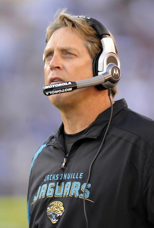 Jacksonville Jaguars head coach Jack Del Rio looks up at the scoreboard in the second quarter in game against the Tennessee Titans 11/1/09. (AP Photo/John Russell)