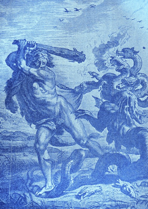 Hercules slaying the Hydra -- a dragon with nine heads.