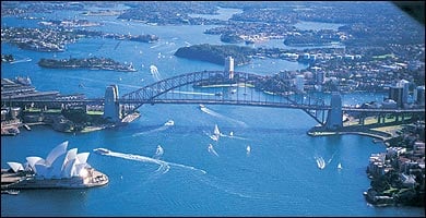 View from the air of the Sydney Opera House and the Sydney harbor bridge