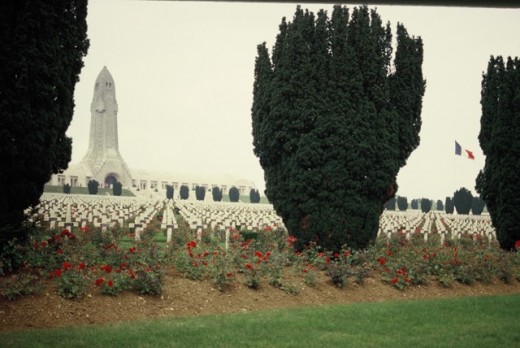 Monument & graves at the French Military Cemetery in Verdun, France.