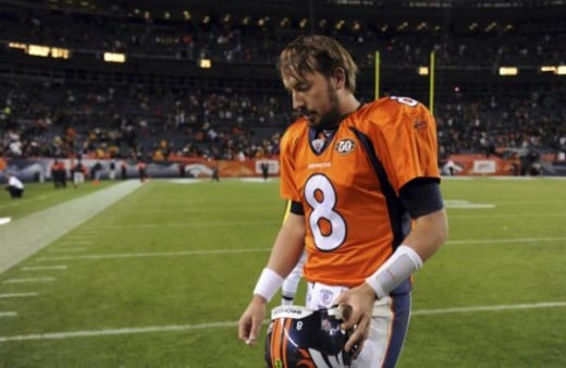 Denver Broncos quarterback Kyle Orton walks off the field at the end of the NFL football game against the Pittsburgh Steelers in Denver on Monday, Nov. 9, 2009. The Steelers won 28-10. (AP Photo/Chris Schneider)