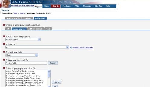 The 2000 United States Census Database provides a search feature.