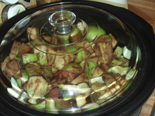 Put the sliced apples inside the crock pot to begin stewing.