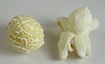 Two versions of popcorn flakes, the mushroom on the left and the butterfly on the right