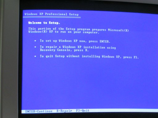 The Windows XP Setup screen eventually loads. 