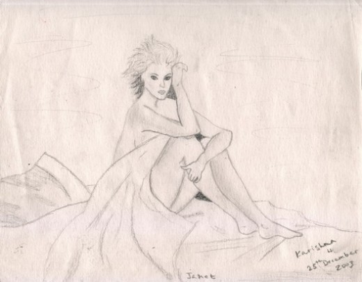 Pencil on cartridge paper. Drawing of lean Woman with short messy hair sitting on crumpled up bed. 