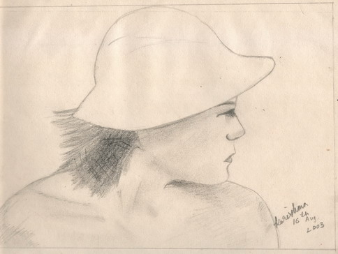 Pencil sketch of girl with a hat looking afar 
