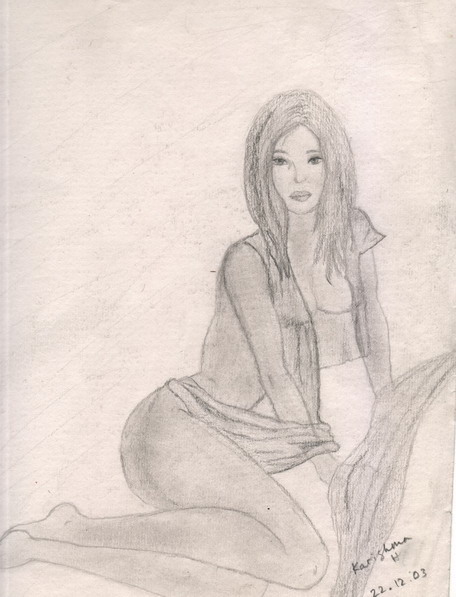 Sensuous woman sitting with drapes of chiffon material covering her - medium pencil on cartridge paper