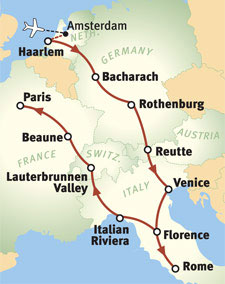Popular itinerary for first time travellers to Europe traveling by tour bus. 