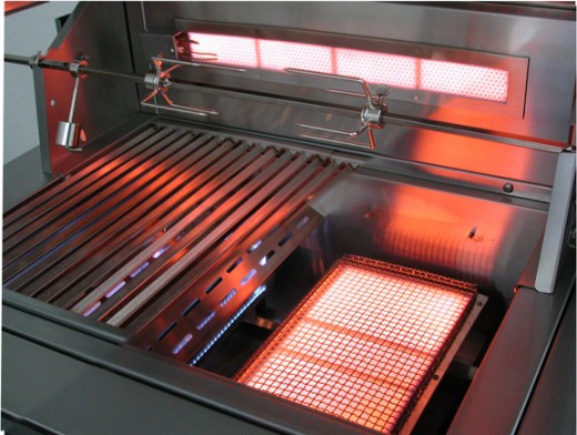 infravection grills are infrared grills that give the owner the option to install a "blue flame" convection burner on one side of the cooking surface.