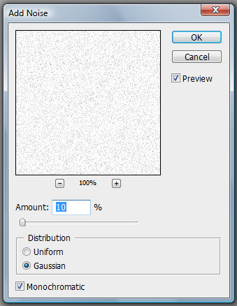 Noise setting Amount= 10%, Distribution= Gaussian 