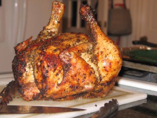 The end result is delectable, juicy goodness!  This whole chicken was grilled and had a dry rub applied to the outside prior to grilling.