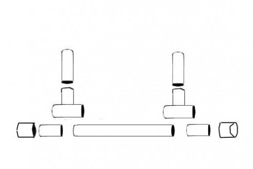Glue two 8-12 inch long 1 inch pipes to the upside down T joint as shown.