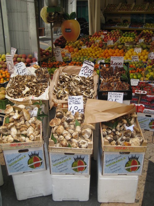  Italian markets sell a wide range of produce. mushrooms.